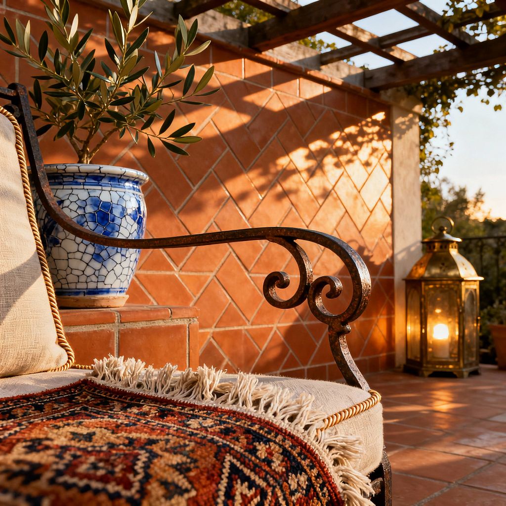Close-up of a traditional patio at sunset featuring terracotta tiles laid diagonally on the wall and square tiles on the floor beneath a wood pergola. A wrought-iron bench with a cream linen cushion and a fringed patterned textile sits beside a blue-and-white glazed ceramic pot holding an olive plant, while an aged brass lantern glows warmly in the background.
