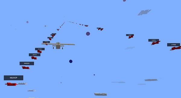 A digital scene depicting a flight deck with various aircraft and ships in a blue sky environment.