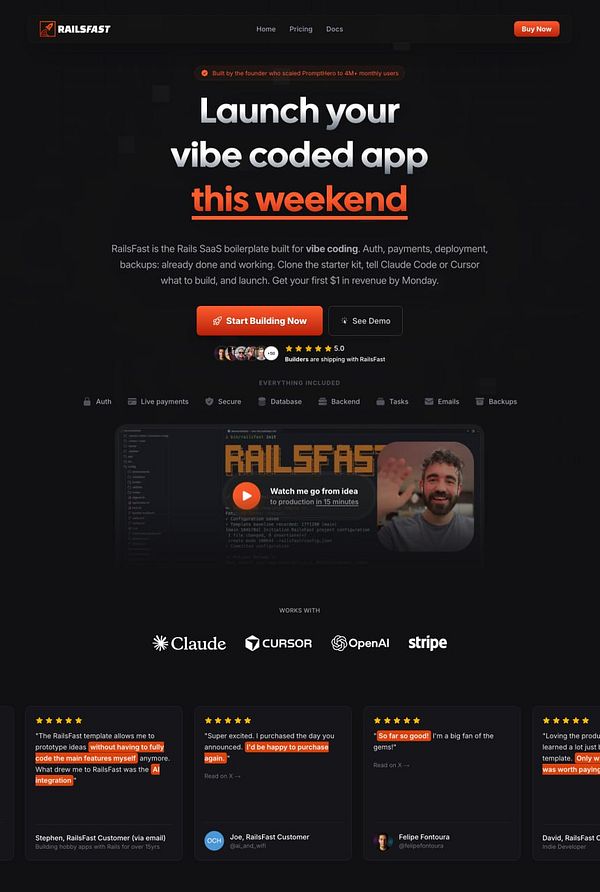 Website homepage section featuring a hero image of a woman, a video play button, marquee testimonials with star ratings, and a navigation bar with logo and menu items.
