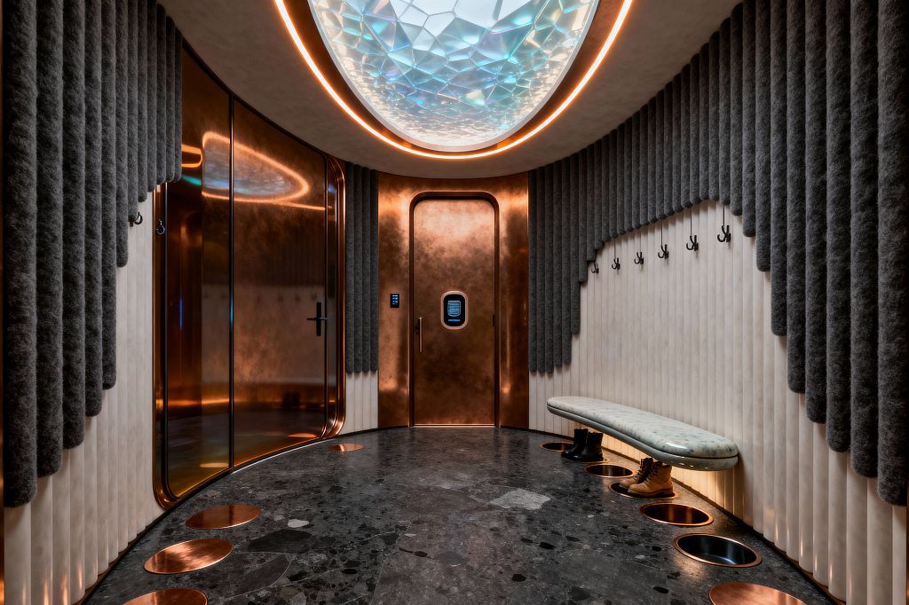 A curved mudroom with fluted ivory wall panels and charcoal felt baffles features a brushed copper central door and a copper-framed glass partition. The dark terrazzo floor contains circular copper-lined boot wells beneath a floating mint-toned bench, while rows of black hooks line the wall; warm LED strips and a faceted oculus ceiling diffuser cast amber light throughout the space.