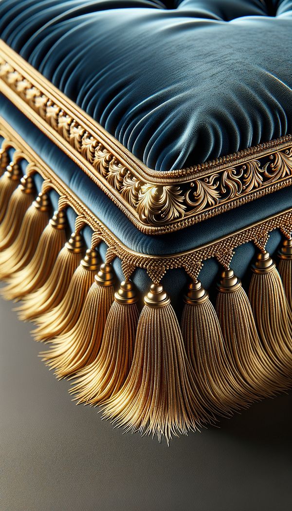 A close-up image of luxurious bullion fringe in a rich gold color, adorning the edge of a navy blue velvet cushion.