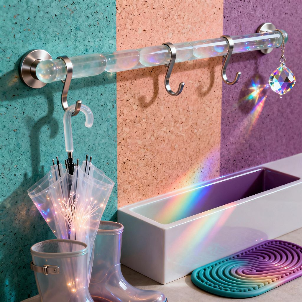 A mudroom vignette features an iridescent acrylic wall rail with brushed nickel S-hooks, one holding a faceted crystal that throws rainbow reflections across teal, cork, and purple wall panels. Below, transparent vinyl rain boots and a clear umbrella threaded with tiny lights sit beside a rectangular white ceramic trough with a purple interior and a ripple-textured silicone mat in a teal-to-purple gradient on light gray floor tile.