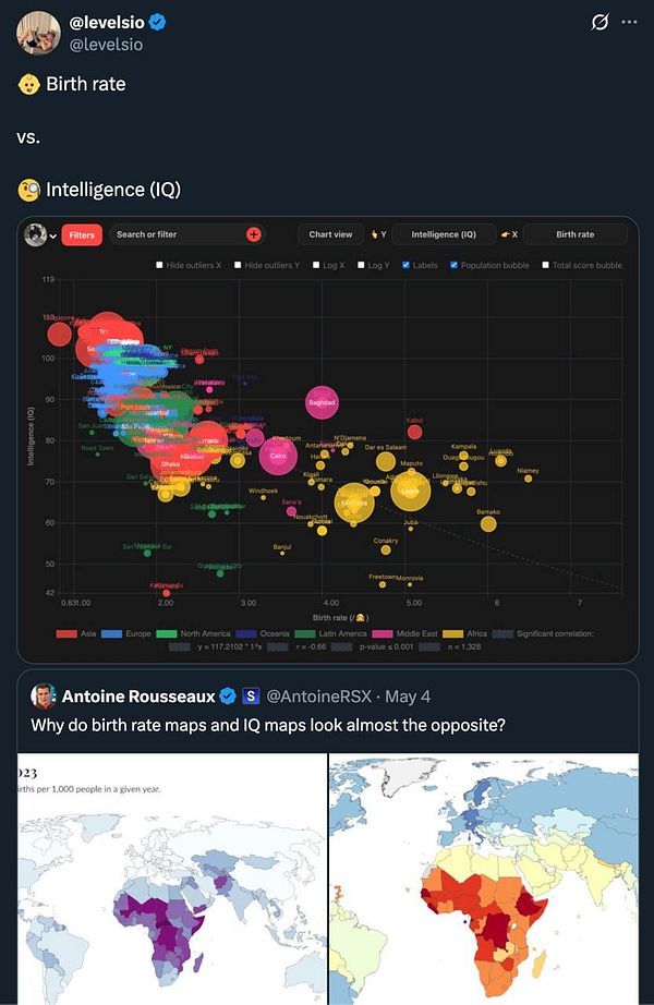 A scatter plot comparing birth rates and intelligence (IQ) across various countries, accompanied by a tweet discussing the correlation between the two metrics.