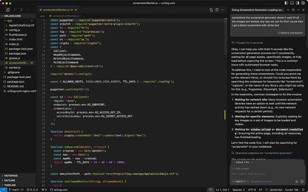The image displays a code editor with JavaScript code related to a screenshot generation task, alongside a discussion about fixing loading issues.