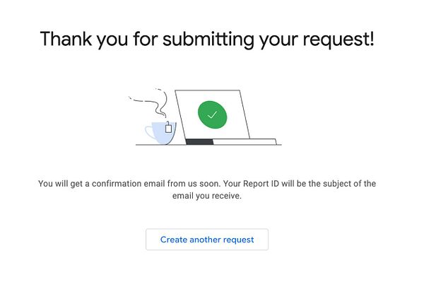 Confirmation screen showing a message that a request has been submitted successfully.