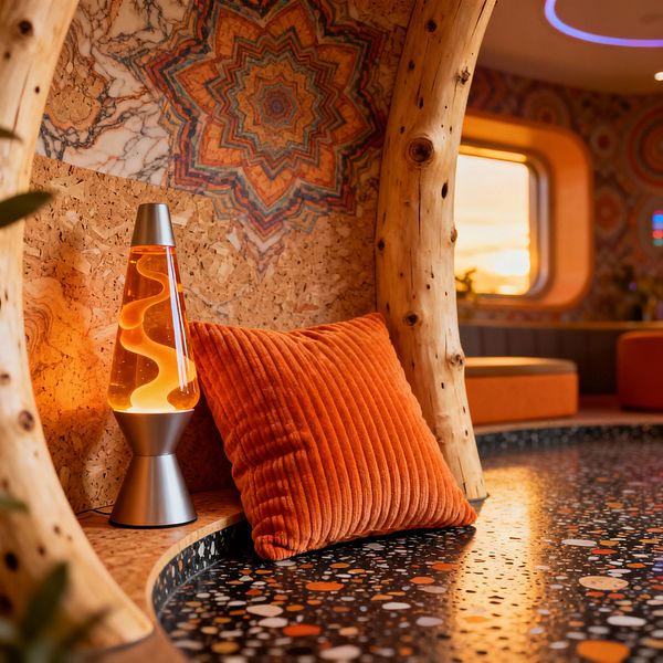 Close-up of a kids’ room in psychedelic style shows a cork-lined alcove framed by pale, knotty logs, with an orange ribbed corduroy pillow beside a glowing lava lamp on a small ledge. Behind, a starburst mandala wall print echoes warm oranges and teals; to the right, a rounded window and curved seating appear above a black terrazzo floor dotted with colorful chips, while ring-shaped ceiling LEDs add a soft neon glow.