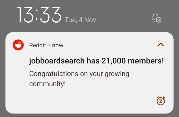 A notification from Reddit announcing the growth of the jobboardsearch subreddit to 21,000 members.