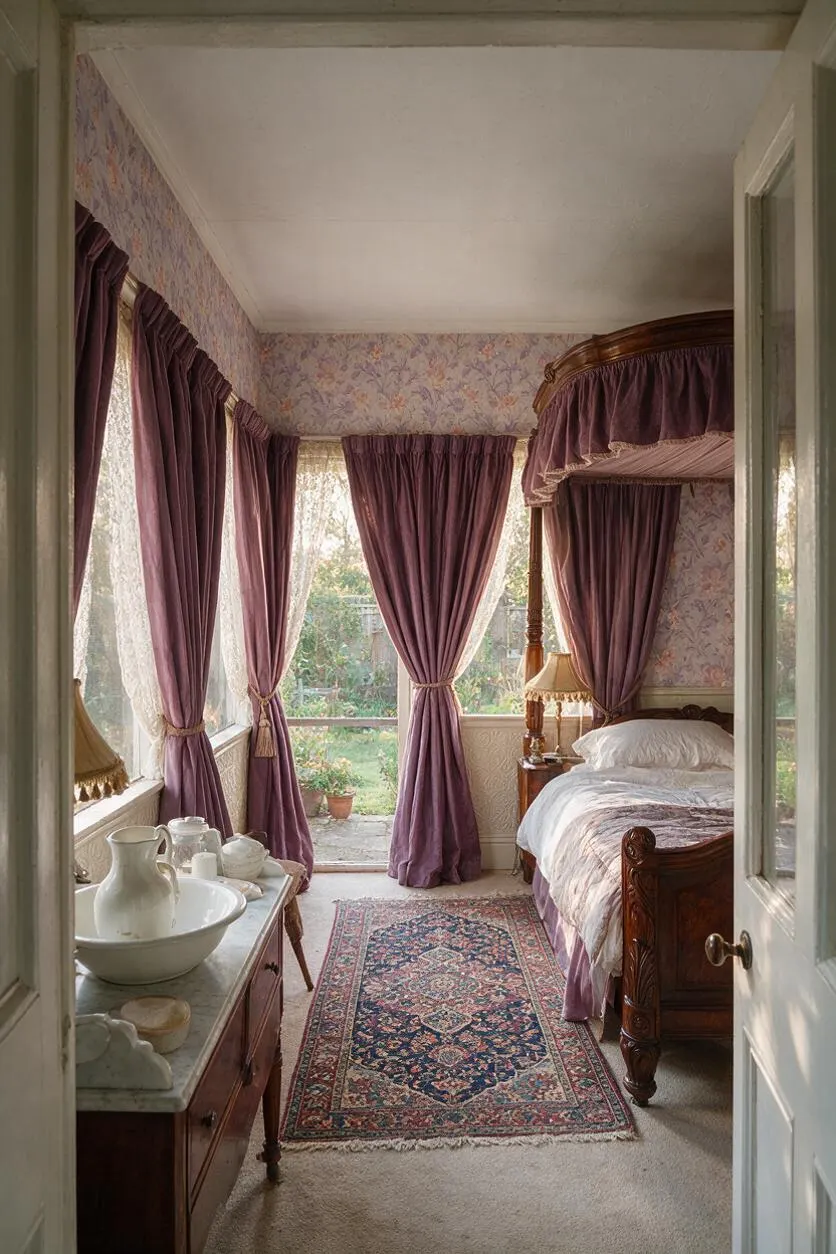 A narrow Victorian-style bedroom or sleeping porch opens directly to a backyard through tall windows and a central door. The space features mauve velvet curtains, floral wallpaper, a carved wooden bed with a canopy, a patterned Persian-style rug, and a marble-topped dresser with white ceramic pitchers.
