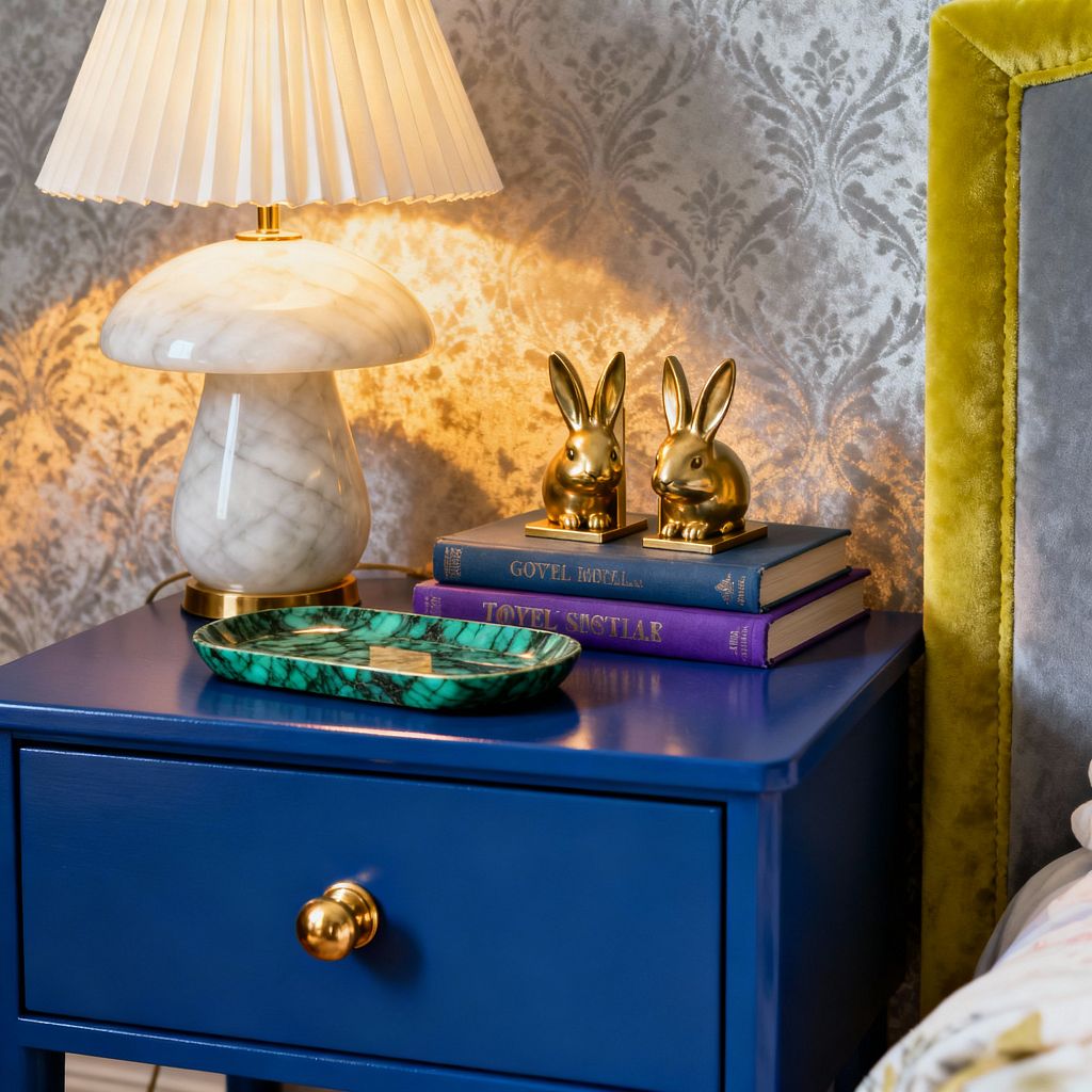 Close-up of a kids’ room nightstand in cobalt blue with a small drawer and brass knob, topped by a white marble mushroom lamp with a pleated cream shade, a green malachite tray, and two gold rabbit figurines resting on stacked blue and purple books. Behind, silver damask wallpaper reflects warm light as a pale gray velvet headboard framed in chartreuse peeks in at right, creating a glamorous yet playful mix of rich color and soft texture.