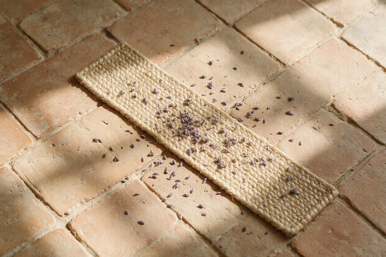 A close-up view of warm terracotta brick flooring with a narrow woven jute runner placed diagonally across the center. Soft sunlight creates gentle highlights and shadows, while scattered lavender petals add a natural, French Country feel.