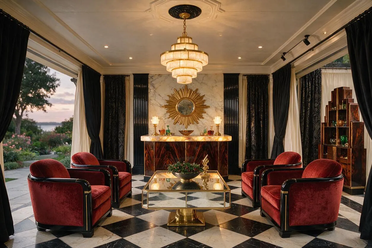 A glamorous outdoor lounge space styled like an Art Deco room, with deep red velvet armchairs, black-and-white geometric flooring, and dramatic black drapery framing open views to the garden. The space features a marble-look fireplace wall, a gold sunburst mirror, tiered chandelier lighting, and polished gold and glass accents.