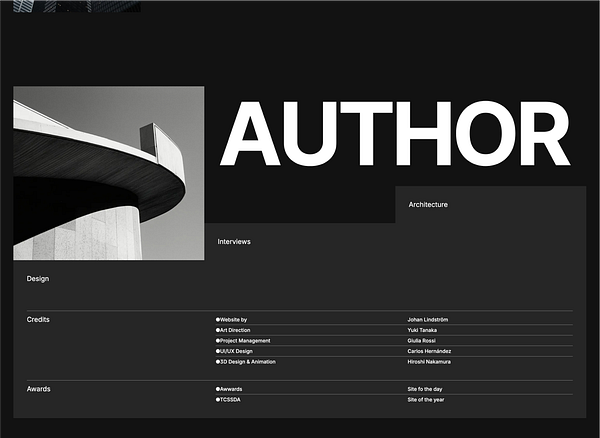The image features a sleek, modern design layout for a project titled 'Author' with a focus on architecture.