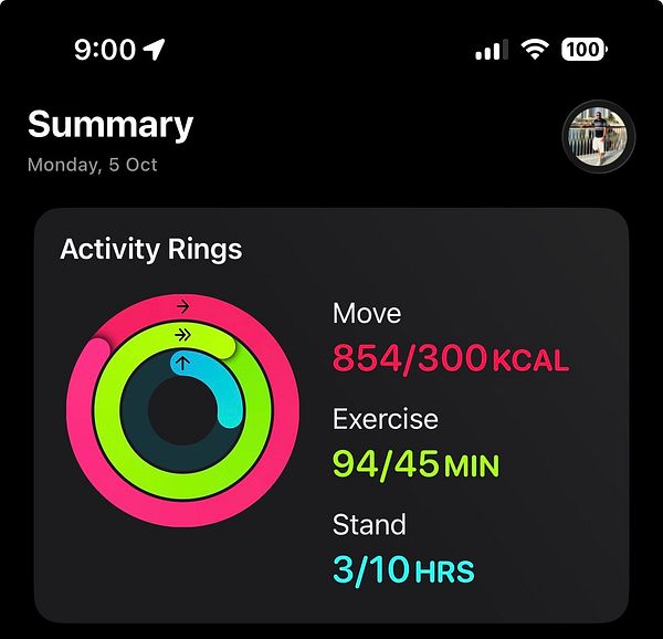 An iPhone screen showing a Fitness app activity summary with completed Move, Exercise, and Stand goals for Monday, 5 Oct.
