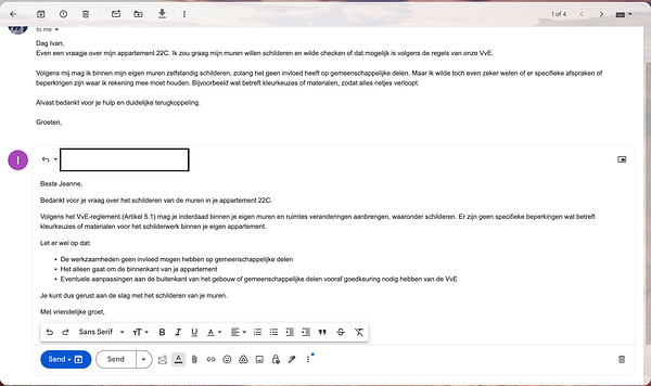 An email conversation regarding painting regulations in a Dutch apartment.