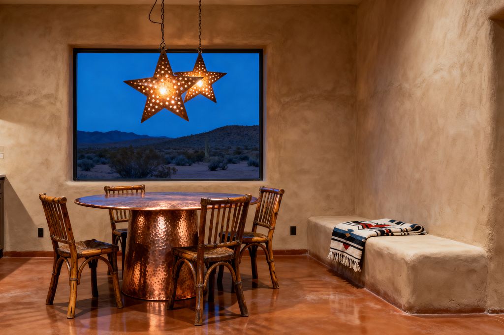 A Southwestern dining room showcases a round hammered copper table with rustic wooden chairs beneath two perforated star-shaped pendant lights, set against hand-troweled adobe plaster walls and a terracotta-polished concrete floor. A built-in plaster bench draped with a Navajo-style blanket sits beside a large picture window framing a dusk desert landscape with deep blue sky and low mountains, while warm patterned light creates an intimate glow.