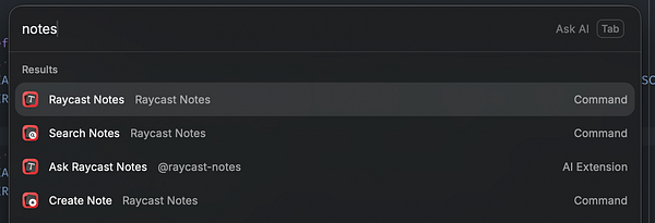 Screenshot of Raycast Notes feature displaying various note items and a search bar within the app interface.