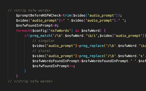 The image displays a code snippet for filtering NSFW words from audio prompts.