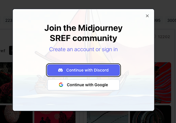 A sign-in modal for the Midjourney SREF community featuring options to log in with Discord or Google.