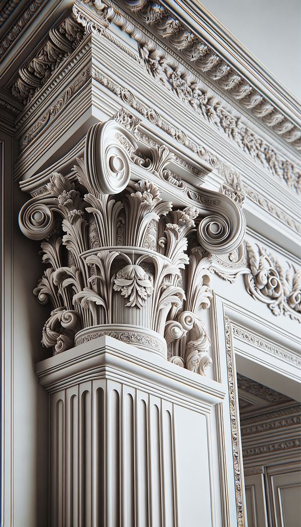 A close-up photo of a beautifully detailed pilaster framing a doorway in a classical interior, showcasing its ornate carvings and the slight projection from the wall.