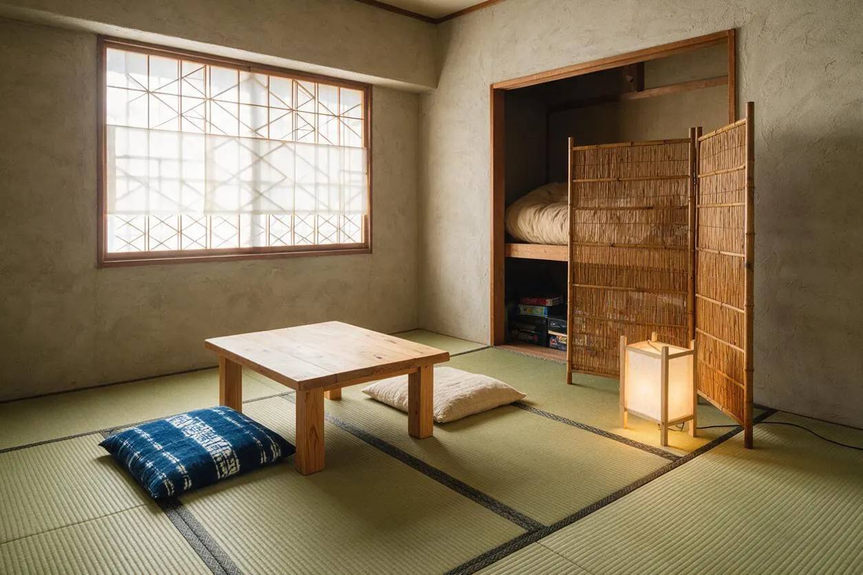A quiet Japanese Zen-style game room with tatami mat flooring, a low wooden table in the center, floor cushions, and a glowing paper lantern beside a bamboo room divider. A shoji-style window lets in soft daylight, and a small alcove with bedding and storage adds a calm, minimal feel.