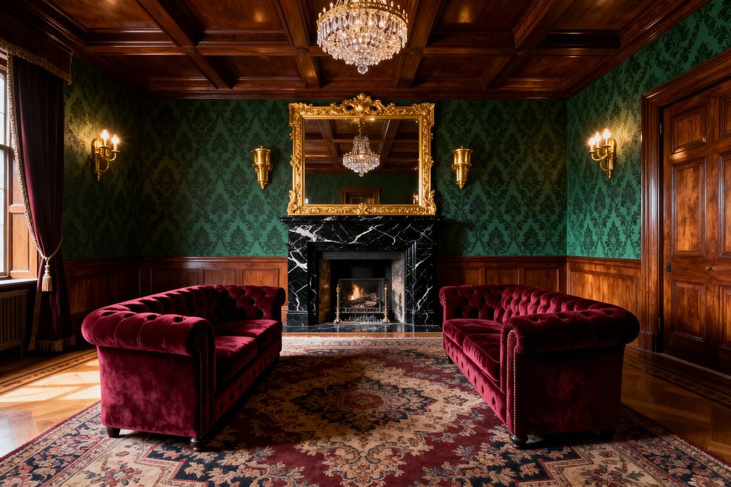 Opulent Victorian-style media room with two burgundy velvet, tufted Chesterfield sofas facing each other on a patterned wool rug before a black marble fireplace with a lit fire. The space features deep green damask wallpaper above mahogany paneling, a gilded overmantel mirror, brass wall sconces, a crystal chandelier on a coffered wood ceiling, heavy wine-colored draperies with gold tassels, and polished parquet floors.