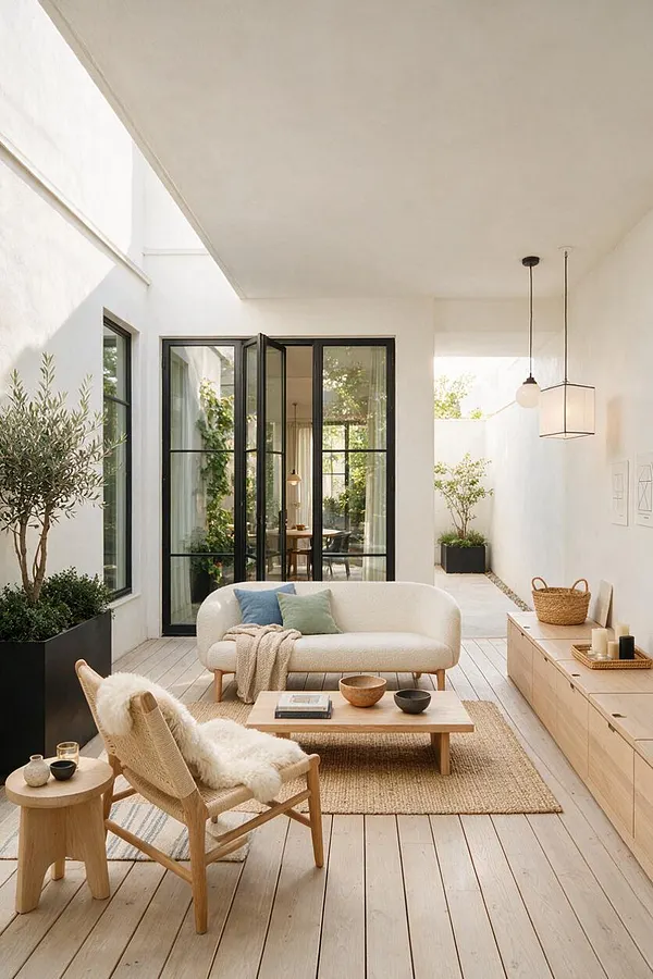 A bright Scandinavian-style backyard lounge with white walls, pale wood decking, and black-framed glass doors opening to an indoor space. The seating area includes a curved cream sofa, a woven accent chair with a sheepskin throw, a low wood coffee table, potted greenery, and simple pendant lights.