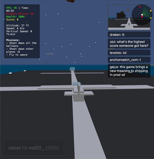 The image displays a gaming interface featuring an aircraft in a virtual environment with chat messages on the side.