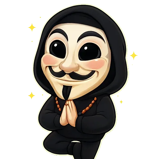 A cartoon character in a black hoodie with a playful expression, performing a gesture of prayer.