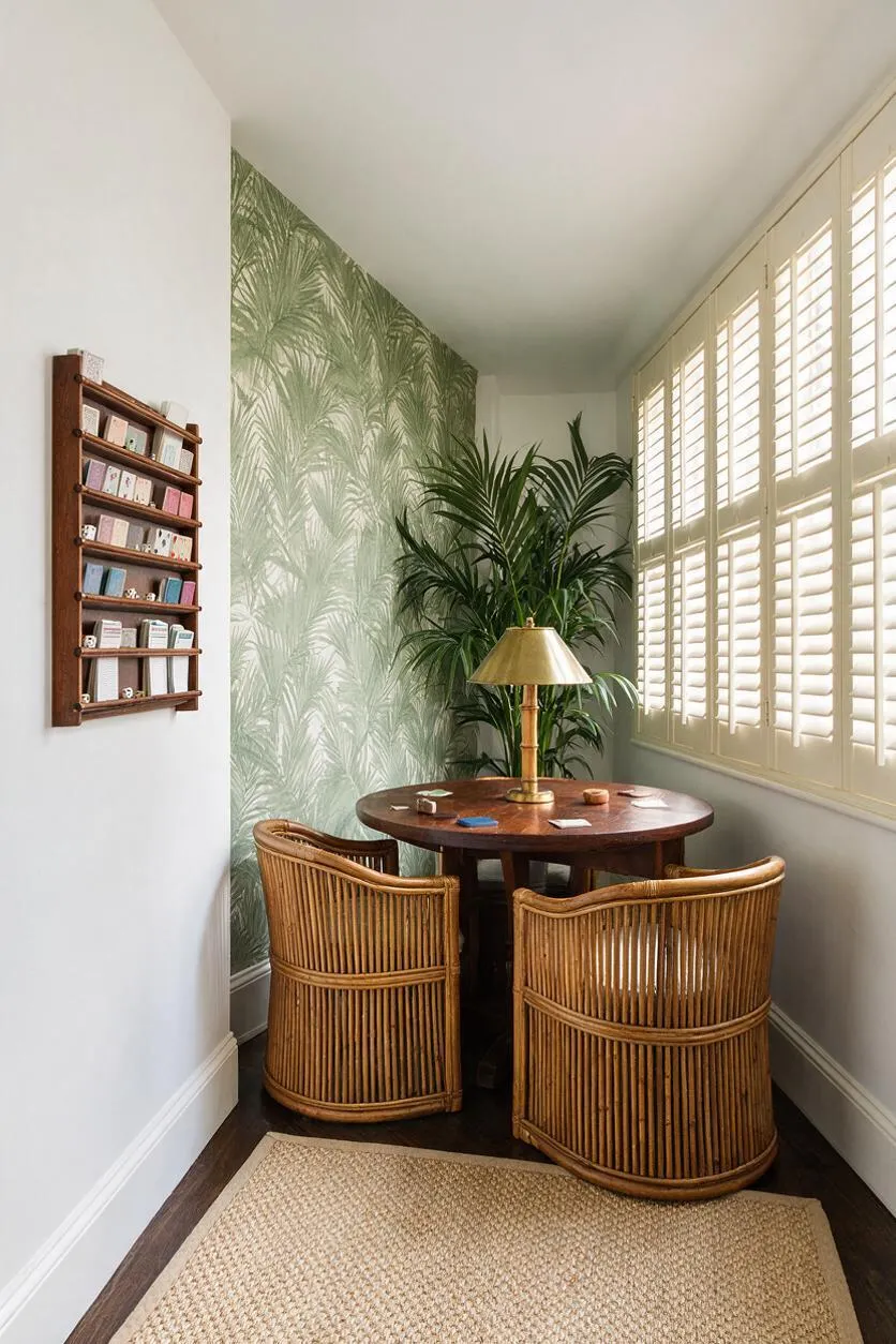 A narrow tropical-style game room with a round wooden game table, two woven rattan armchairs, and a brass table lamp centered beneath cream plantation shutters. One wall is covered in green palm-print wallpaper, a tall leafy plant fills the back corner, and a woven rug softens the dark wood floor.
