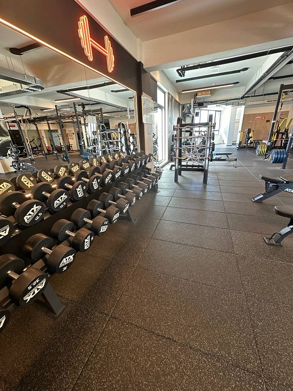 A modern gym interior featuring a rack of dumbbells and various workout equipment.