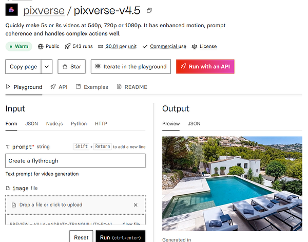 The image displays a user interface for the Pixverse v4.5 tool, showcasing a video generation prompt and a preview of a luxurious property.