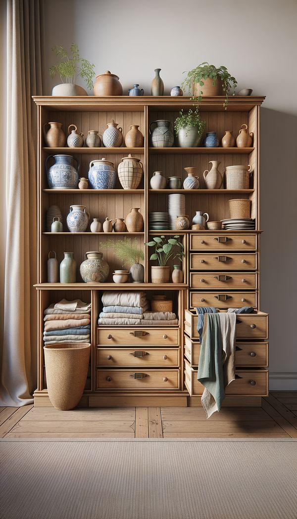 An image of a wooden Dutch Dresser showcasing a mix of ceramics and plants on the upper shelves, with drawers opened to reveal neatly stored linens below.