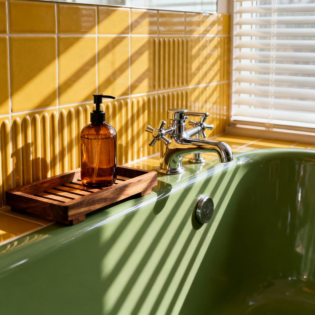 Close-up of a Mid-Century Modern bathroom vignette: an avocado-green enamel bathtub with a chrome cross-handle faucet sits against glossy mustard ceramic tiles, including a band of vertical fluted relief. Sunlight filters through white venetian blinds, casting striped shadows across the tub lip. A small dark wood slatted tray rests on the ledge holding an amber glass pump bottle, creating a warm, retro, and orderly scene with crisp geometry.