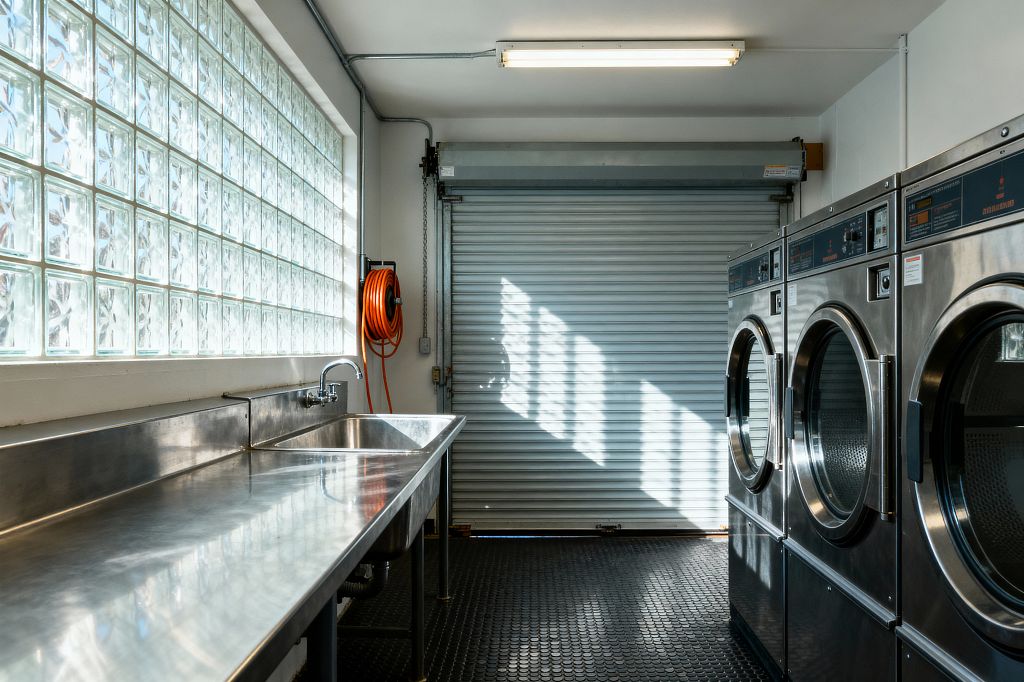 A compact industrial laundry room features a long stainless-steel worktop with a deep sink beneath a translucent glass-block window, while a corrugated roll-up door anchors the far wall. Opposite a row of front-loading stainless washers, the black coin rubber floor, exposed conduit, fluorescent strip light, and an orange hose reel emphasize the utilitarian palette of silver, white, gray, and black lit by crisp daylight.