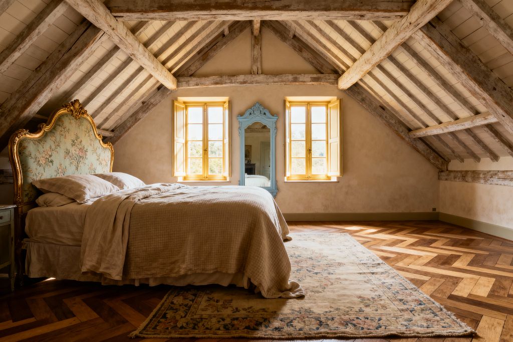 A rustic attic bedroom with exposed, whitewashed timber beams and warm plaster walls centers a bed with a carved gilt frame and pale blue floral upholstered headboard. Sunlight from twin casement windows washes over honey oak herringbone floors, a faded floral rug, a powder-blue ornate mirror between the windows, and layers of natural linen bedding, capturing the refined patina of French Country style.