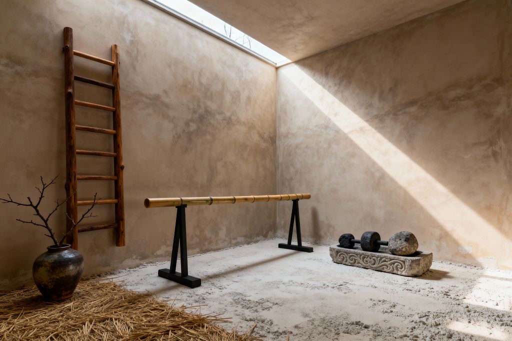 A minimalist home gym with warm, mottled plaster walls and a linear skylight casting a diagonal beam of sunlight. A bamboo barre on black steel trestles stands over a sandy concrete floor; to the right, a carved stone tray holds rough stone weights, while to the left a rustic wooden ladder leans beside a weathered clay vase of bare branches on straw.