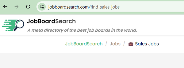 Webpage screenshot showing a job board search results page with breadcrumb navigation above listings.