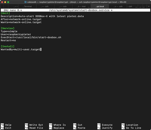 The image displays a terminal window showing a systemd service configuration file for auto-starting DOSBox on a Raspberry Pi.