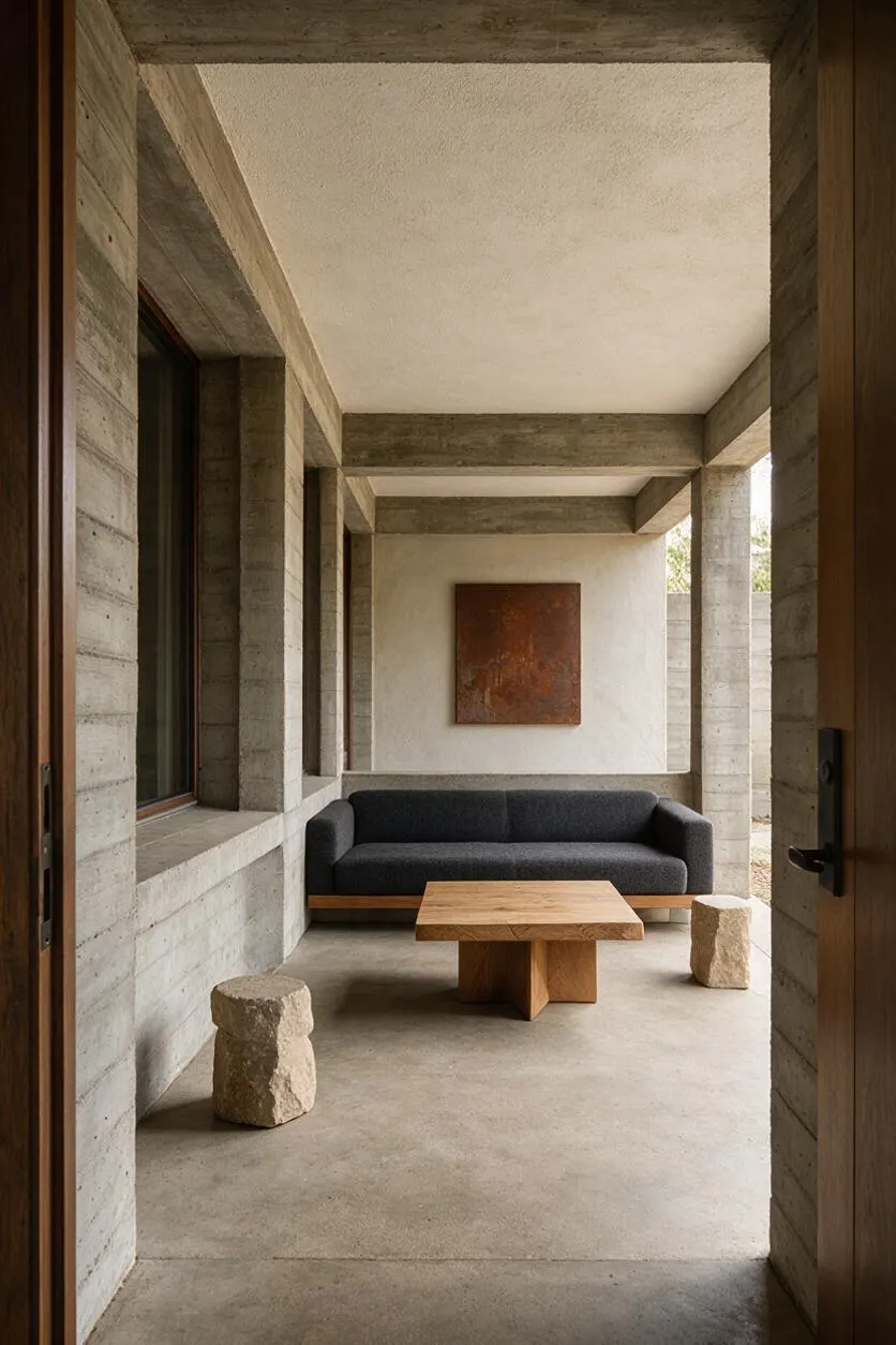 A front porch designed in a Brutalist style with exposed concrete walls and beams, a smooth concrete floor and ceiling, and a dark upholstered sofa against the back wall. A simple wooden coffee table sits in the center, flanked by two rough stone stools, while a rust-colored wall art piece adds warmth to the otherwise neutral space.
