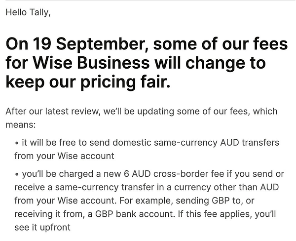 The image displays a notification regarding fee changes for Wise Business accounts.