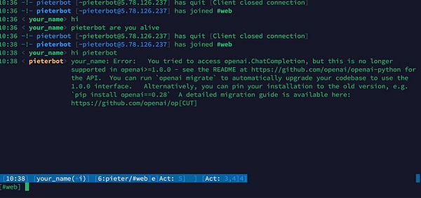 A chat log from an IRC session showing interactions with a bot named pieterbot and an error message regarding API access.
