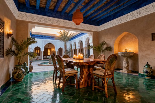An open-air Moroccan courtyard dining area features a live-edge wood table surrounded by rattan chairs on a gleaming emerald-green zellige tile floor. Cobalt-painted ceiling beams, carved white plaster friezes and arches, warm sand-toned tadelakt walls, potted palms, a terracotta pendant, and numerous candles create a glowing atmosphere, with a central courtyard beyond showing a pool, fountain, palm tree, and carved wooden doors.