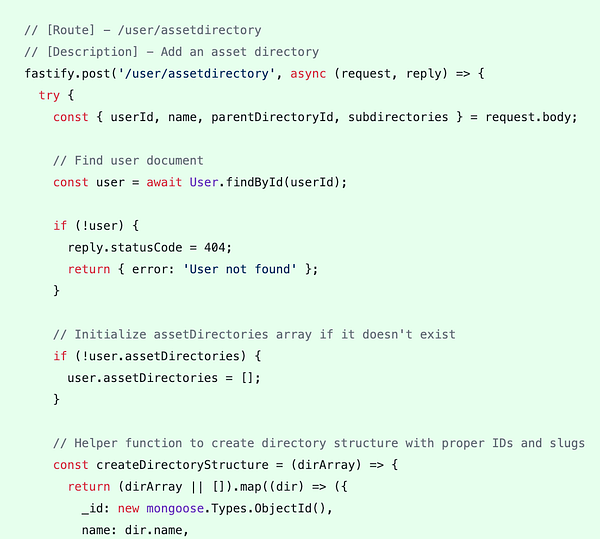 The image displays a code snippet for a Fastify route that adds an asset directory for a user.