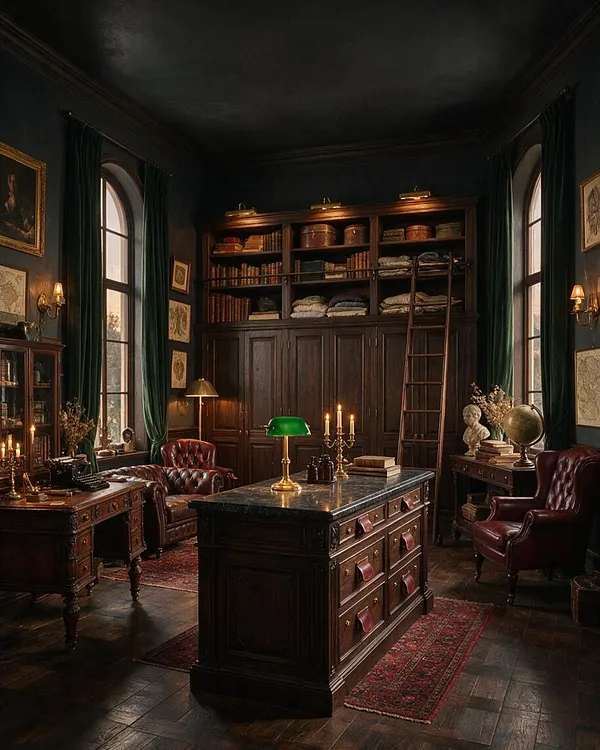 A moody dark academia closet with tall dark wood cabinetry, open shelves filled with books, woven baskets, and folded clothing. The room includes a rolling ladder, leather armchairs, a central desk, green banker’s lamp, candles, framed art, and tall arched windows with dark drapes.