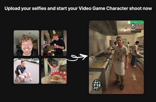 The image features a collage of selfies alongside a video game character in a kitchen setting.