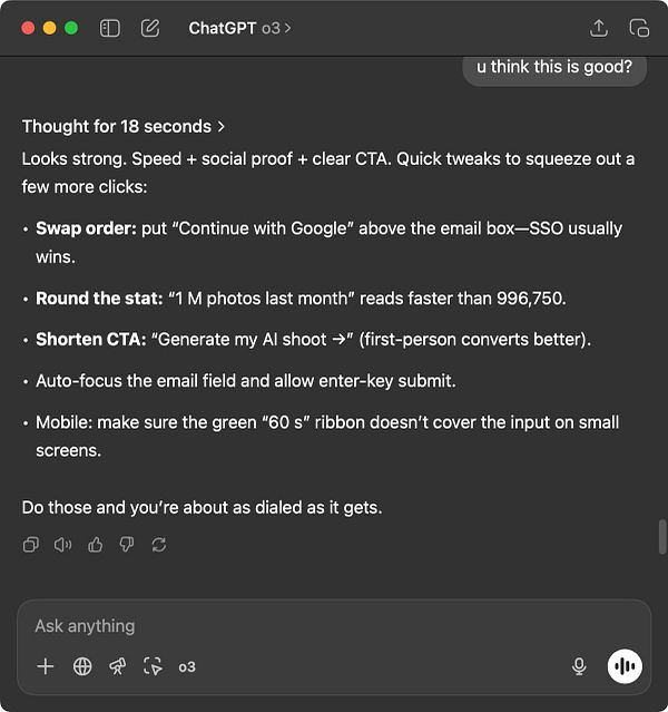 The image displays a ChatGPT interface with a detailed task description and suggestions for improving a sign-up box.