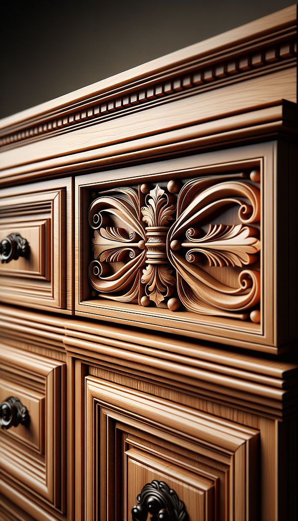 A beautifully crafted wooden cabinet showcasing the center rail between two drawers, providing both support and a decorative element.