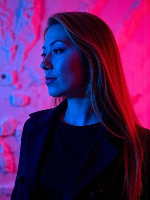 A profile portrait of a woman illuminated by vibrant blue and pink lighting.