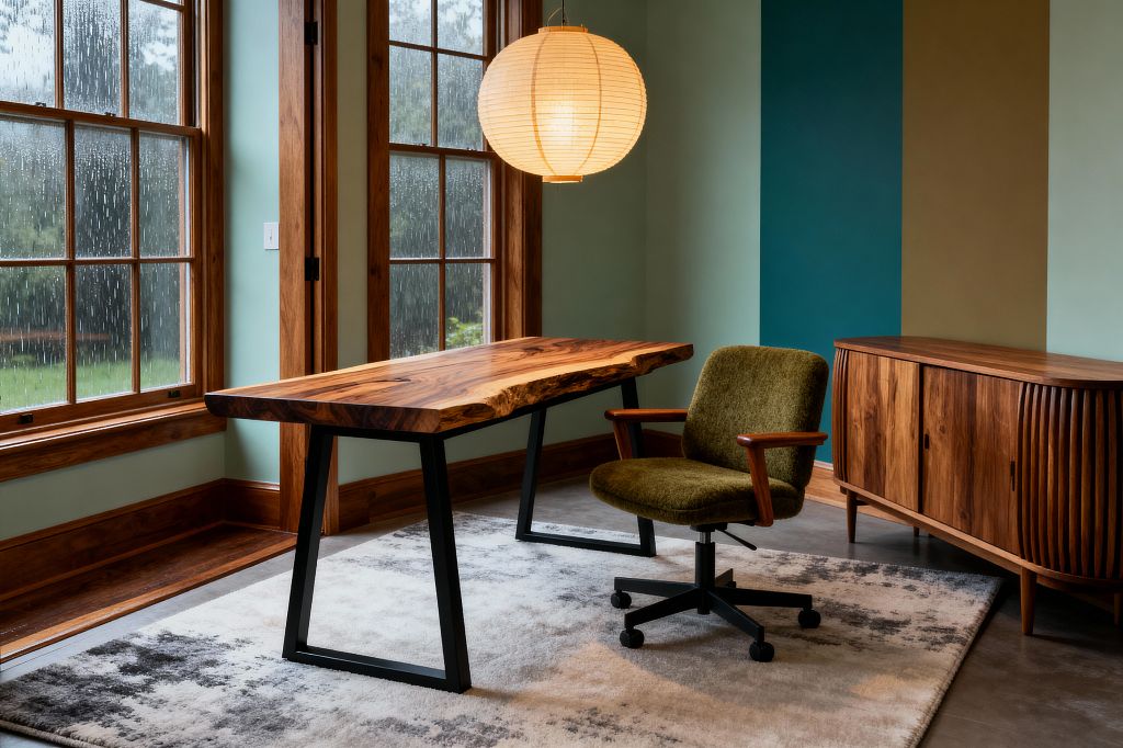 A Mid-Century Modern home office features a live-edge walnut desk on black steel trestle legs beside large wood-framed windows with rain outside. An olive green upholstered swivel chair with wooden arms faces the desk, while a curved walnut credenza with tambour-style doors lines the wall. Color-blocked paint in sage, teal, and olive adds depth, a round paper lantern provides warm light, and a gray patterned rug softens the polished concrete floor.