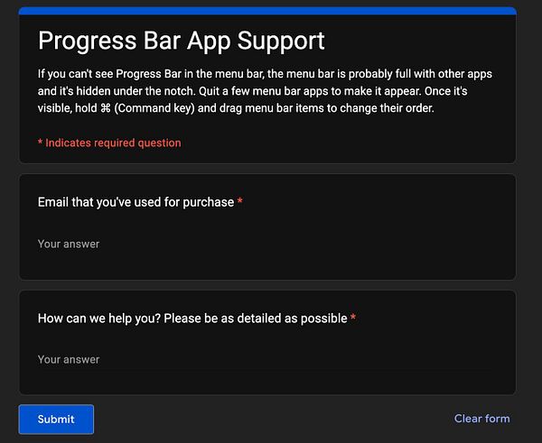 Screenshot of a simple Google Forms support form with a theme customization menu open.